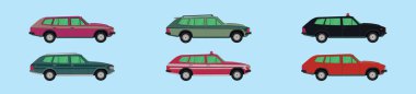 Bir dizi station wagon karikatür tasarım şablonu ve çeşitli modeller. modern vektör illüstrasyonu mavi arkaplanda izole edildi