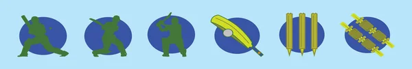 様々なモデルのクリケットプレーヤーの漫画のアイコンデザインテンプレートのセット 青の背景に隔離された現代のベクターイラスト — ストックベクタ