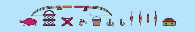 Çeşitli modeller içeren bir dizi balıkçı takımı çizgi film ikonu tasarım şablonu. modern vektör illüstrasyonu mavi arkaplanda izole edildi