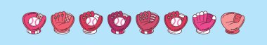 Bir dizi softball eldiveni karikatür tasarım şablonu ve çeşitli modeller. modern vektör illüstrasyonu mavi arkaplanda izole edildi