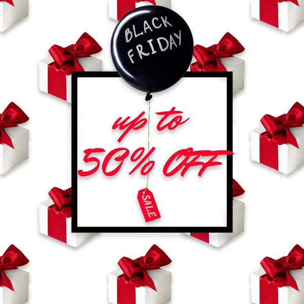 Black Friday Sale poster or flyer, black balloon and gifts on white background with black frame