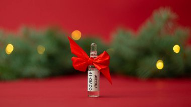 Bir ampul COVID-19 Coronavirus aşısı kırmızı arka planda ışıkları olan bir Noel ağacı dalının yanında hediye olarak duruyor. Pankart