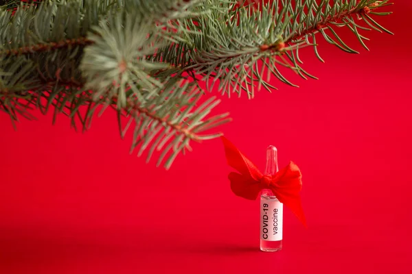 Uma Ampola Vacina Covid Coronavírus Está Sob Galho Árvore Natal — Fotografia de Stock