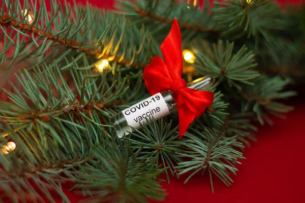 Ампула Коронавірусної Вакцини Covid Лежить Подарунок Гілках Різдвяного Дерева Вогнями — стокове фото