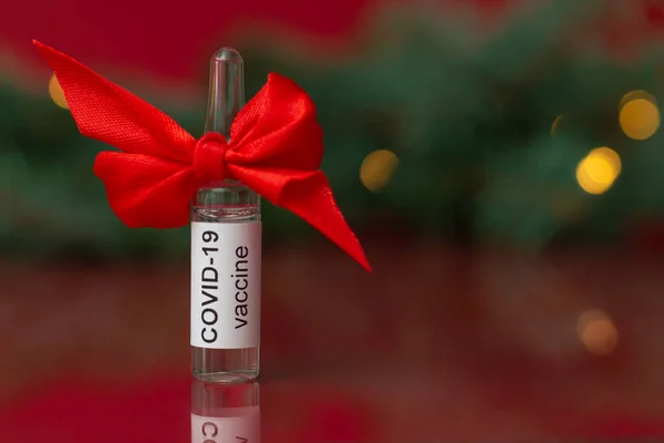 Ампула Коронавірусної Вакцини Covid Слугує Подарунком Біля Гілки Ялинки Вогнями — стокове фото