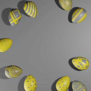 2021 aydınlatma ve nihai griye boyalı Paskalya yumurtaları. Düz konum, kopyalama alanı, 3B oluşturma