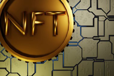 Sert bir yüzey anakartında NFT 'nin karşılanamaz jetonu. Şifreli para birimi. 3B görüntüleme