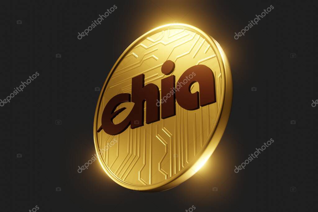 Golden chia coin isolated on black background. Chia eco crypto currency. 3D rendering