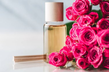 Açık sarı yağ şişesi ya da ahşap sopalı parfüm ve beyaz yüzeyde pembe güller. SPA salonu ve prosedür konsepti. Boşluğu kopyala