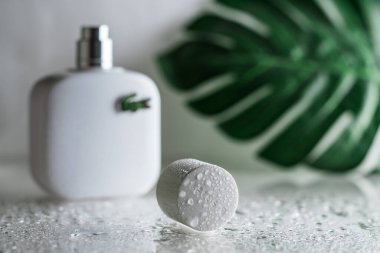 Minsk, Belarus 07.05.2021: Beyaz bulanık parfüm şişesi ıslak yüzeyde Lacoste logosu ve beyaz ve canavar yaprağı arkaplan. Kapağa odaklan