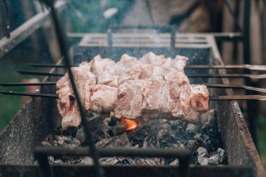 Şişte çiğ et kömür ızgarasında pişirilir. Dışarıda barbekü yapmak.