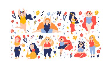 Kadın ve beden ölçülerine göre ayarlanmış. Balerin dans ediyor. Kız jimnastik yapıyor. Şık tombul kız spor ve meditasyonla meşgul. Feminizm. Doodle tarzı. Vücut pozitif.