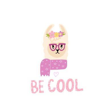 Çiçekli, eşarplı ve gözlüklü tatlı lama kızı. Tişört, elbise, yastık, laman ve çiçeklerle kaplı bir kupa. Çocuk eşyaları, odalar dekorasyonu. Vahşi bir hayvan. Doodle tarzı.