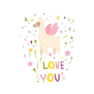 Ben de seni seviyorum. Lama 'lı kızlar için baskı. Tişört, elbise, yastık, lamalı kupa, bahar çiçekleri. Çocuk eşyaları, odalar dekorasyonu. Lama ile Sevgililer Günü baskısı. Doodle tarzı.