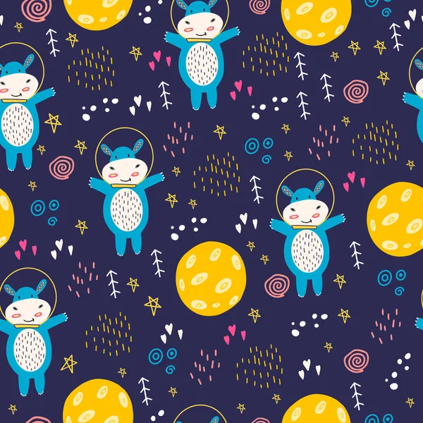 A seamless pattern with a small hippopotamus in a spacesuit in space. Vector illustration with a hippo and the moon. Design for the decoration of the children's room. Flat doodle style. Child pattern.