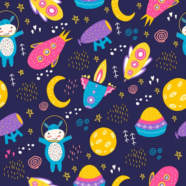 A seamless pattern with a space-suited behemoth, spaceships, the moon, planets, stars, and binoculars. Bright print for the design of children's clothing with a small hippo. Flat doodle style.