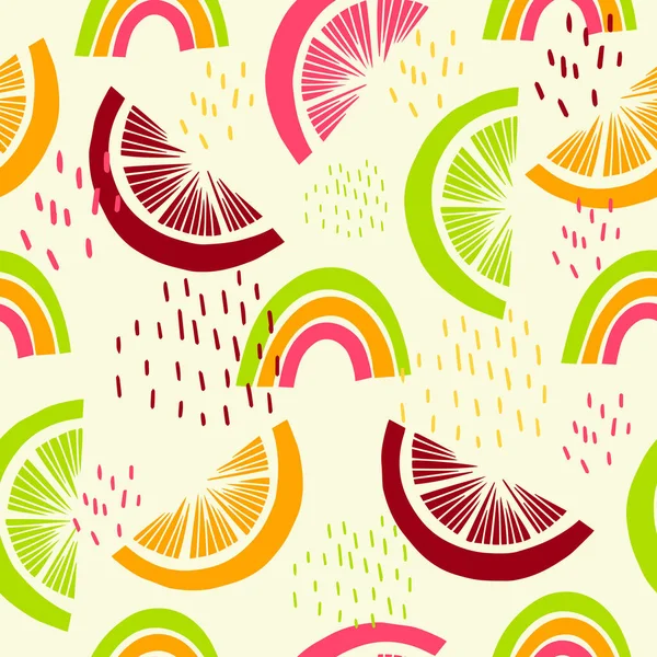 Seamless pattern with tropical fruits. Citrus fruits for decoration of summer dresses, clothes, fabrics, wallpaper. Orange, pink, green rainbows for printing on fabrics. Flat doodle style.