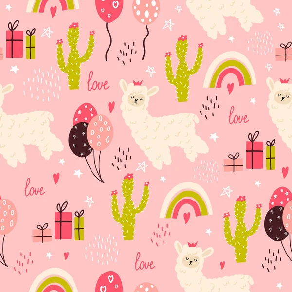 Seamless pattern with a small llama, cacti, gifts. Vector illustration of a llama for birthday decoration. Flat doodle style. Children's pattern with an alpaca. Happy Birthday. 