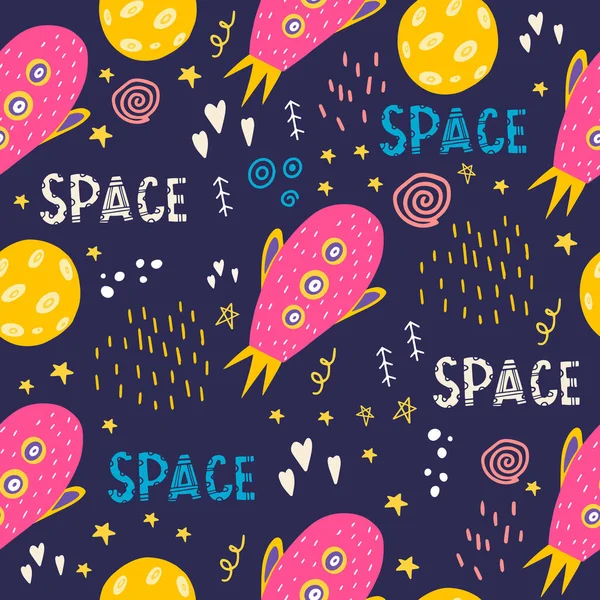Seamless pattern with pink spaceship and moon. Vector illustration with space, stars, space objects, and a planet. Flat doodle style. Children's pattern with a flying machine for girls.