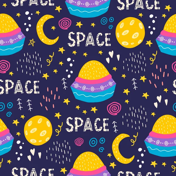 Seamless pattern with a bright alien ship and lettering. Vector illustration with space, stars, space objects, and the moon. Flat doodle style. Design of the children's room of the young cosmonaut.