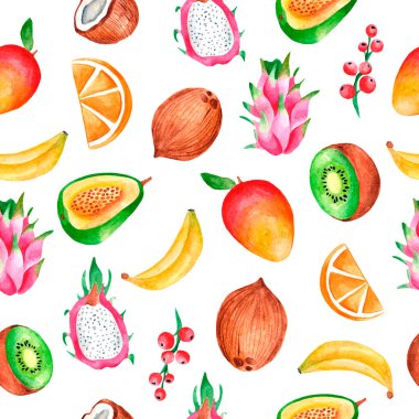 Tropikal böğürtlen, mango, muz, hindistan cevizi, pitahaya, portakal, kivi, guava ile suluboya desenli. Meyveli desen. Kumaşların tropikal bitki elementleriyle suluboya tasarımı.. 