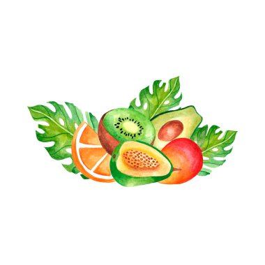 Avokado, kivi, mango, ambalaj için portakal, kumaş, poster ile suluboya buket. Giysilerdeki parlak iz. Masa takımı ve kumaşlar için tropikal meyve koleksiyonu..