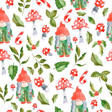 Sineklik, yaprak ve cücelerle suluboya desenli. Elbiseler, giysiler, duvar kağıtları, kumaşlar, çocuk odası için suluboya tasarımı. Cücelerle kusursuz desen. 