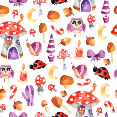 Watercolor seamless pattern with branches, leaves, gnome house, snail, owl. Watercolor design for dresses, clothing, Wallpaper, fabrics, children's room. Seamless pattern with herbs, leaves fly agaric clipart