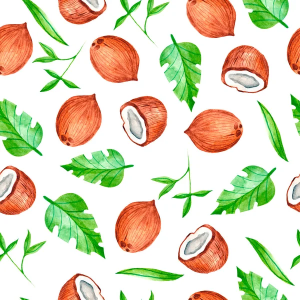 Watercolor seamless pattern with tropical coconuts. Pattern with fruit. Watercolor design of fabrics with coconuts, leaves. Design of dishes, Wallpaper, and clothing. Tropical leaves, herbs.