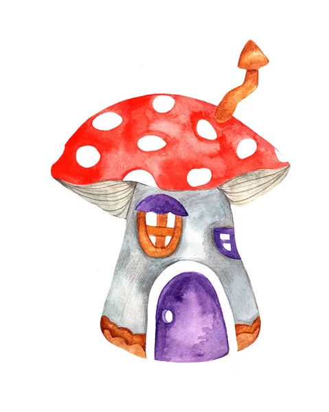 Fairy-tale house of dwarves. Fly agaric-home for decorating postcards, books, notebooks, posters, pictures, children\'s room. Watercolor illustration with a mushroom house for a holiday.
