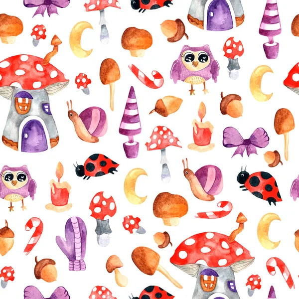 Watercolor seamless pattern with branches, leaves, gnome house, snail, owl. Watercolor design for dresses, clothing, Wallpaper, fabrics, children\'s room. Seamless pattern with herbs, leaves fly agaric