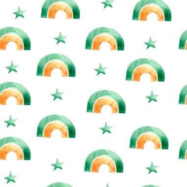 Gökkuşağı ve yıldızlı suluboya desenli. Çocuk kıyafetleri, kumaşlar ve odaların tasarımı için gökkuşağı ve yıldızlı çocuk resimleri. Çocuklar için şirin bir model..