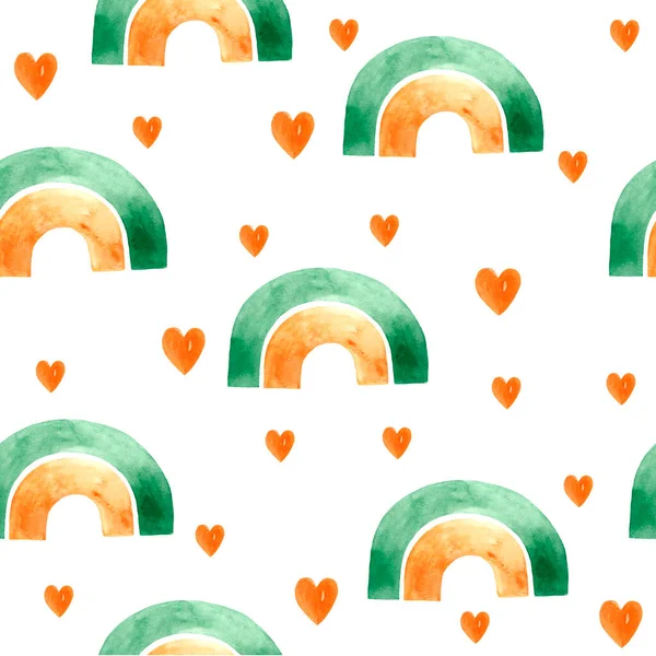 Watercolor seamless pattern with rainbows and hearts. Children\'s illustration with a rainbow and hearts for the design of children\'s clothing, fabrics, and rooms. Cute pattern for kids.