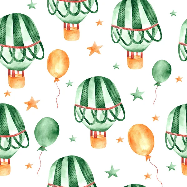 Watercolor seamless pattern with balloons. Children\'s illustration with balloons in the sky for decoration of children\'s clothing, fabrics, rooms. Cute pattern for kids with a bright print.