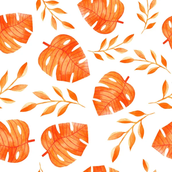 Akwarela Bezszwowy Wzór Jesiennymi Liśćmi Gałęziami Ilustracja Dziecięca Pomarańczowymi Kwiatami — Zdjęcie stockowe