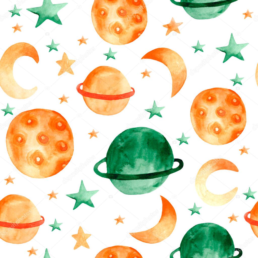 A seamless watercolor pattern with space, planets, stars,and the moon. Children's illustration with space and stars for the design of children's clothing, fabrics, and rooms. Cute pattern for kids