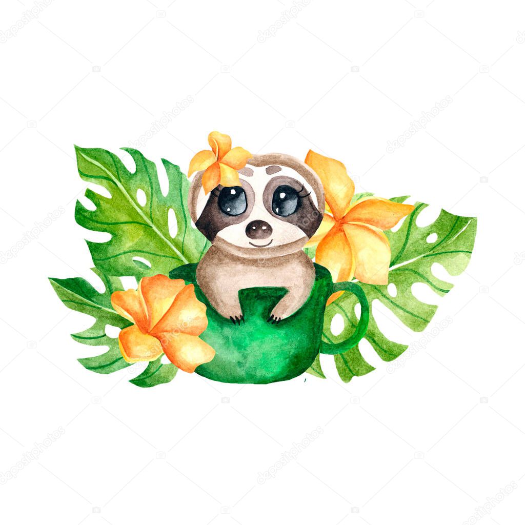Watercolor little sloth with leaves. Children's watercolor print for decoration of postcards, rooms, mugs, posters, dishes, fabrics, clothes. Cute animal. The child is a sloth in mug.