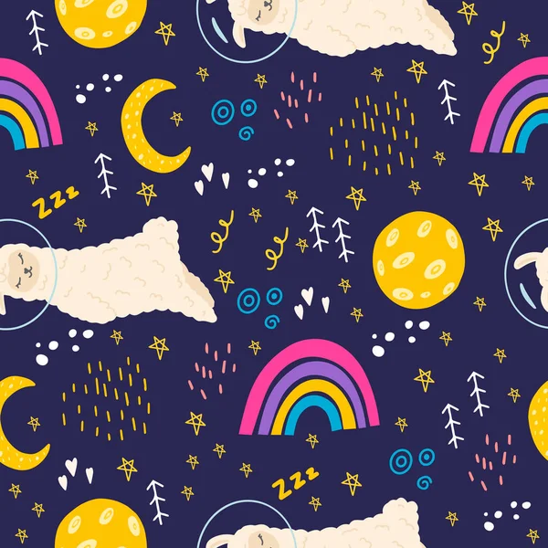 Modèle Sans Couture Avec Lama Arc Ciel Lune Étoiles Espace — Image vectorielle