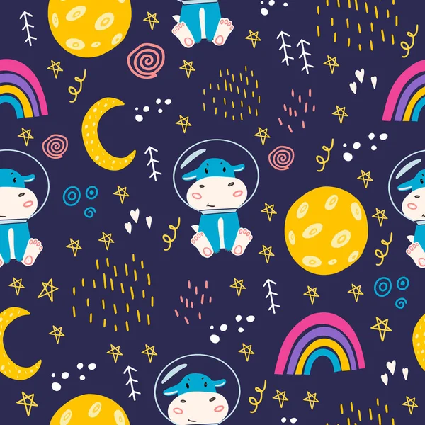 Seamless pattern with hippo, moon, stars, space, rainbow. Cute  hippopotamus in a space suit in space. Vector pattern with an animal for decorating clothes, children's rooms. Flat doodle style