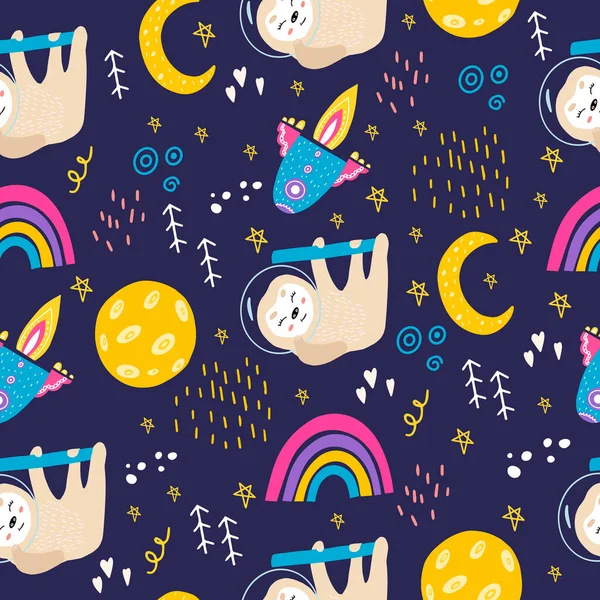 Seamless pattern with sloth, moon, stars, space, rainbow. Cute sloth in a space suit in space. Vector pattern with an animal for decorating clothes, fabrics, and children's rooms. Flat doodle style.