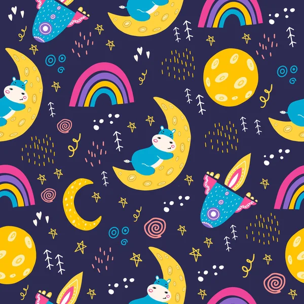 Seamless pattern with a small hippopotamus. Vector illustration  with a hippo sleeping on the moon. A pattern for the design of a children's room. Flat doodle style. Rainbow 