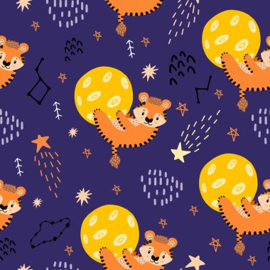 Kızıl Kaplan aya sarıldı. Gezegenler, kaplanlar, takımyıldızları olan kusursuz desen, çocuk kumaşlarının dekorasyonu için yıldızlar, yeni doğanlar için, odalar. 2022 - Kaplan Yılı. Düz karalama biçimi.