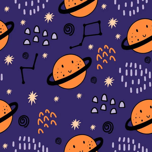 Seamless pattern with cute Saturn, stars, constellations, stars for decorating baby fabrics, rooms, dishes, wallpaper, prints for newborn clothes. Flat doodle style. The planet with the ring is Saturn