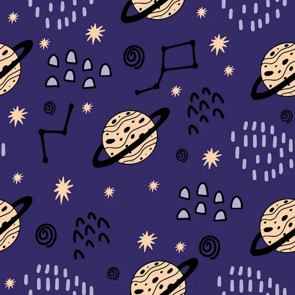 Modèle Sans Couture Avec Jupiter Mignon Étoiles Constellations Pour Décorer — Image vectorielle