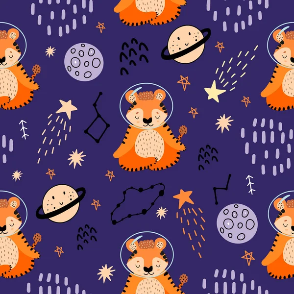 Red tiger meditates in space. Seamless pattern with planets, tigers,constellations, stars for decoration of children's fabrics. 2022 - The Year of the Tiger. Tiger is engaged in spiritual practices.