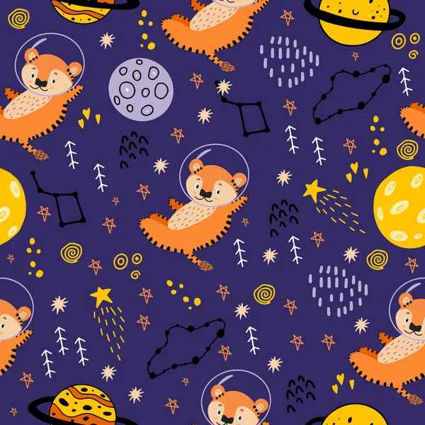2022 -Year of the Tiger. Seamless pattern with planets, tigers, constellations, the moon, and stars for decorating children's fabrics, clothing, and rooms. A tiger in space