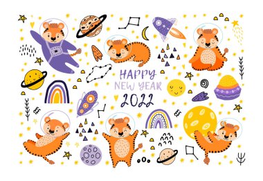 Kaplan Yılı 2022 'dir. - Mutlu yıllar. Kaplanlı şirin bir set. Ay, yıldızlar, gökkuşağı, uzay gemileri, uçan daireler, Samanyolları, gezegenlerle uzay giysisi içindeki vahşi hayvanlar.. 