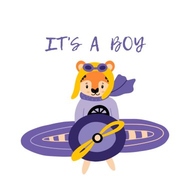 2022 yılının sembolü bir kaplandır. Şirin kaplan şapkası ve gözlükleriyle helikopterle uçuyor. Çocuk kıyafetlerine baskı yapmak için vahşi bir hayvan. Bebek partisi. Bir erkek..