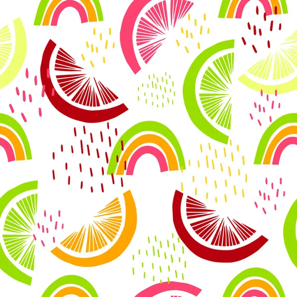Seamless pattern with tropical fruits. Citrus fruits for decoration of summer dresses, clothes, fabrics, wallpaper. Orange, pink, green rainbows for printing on fabrics. Flat doodle style.