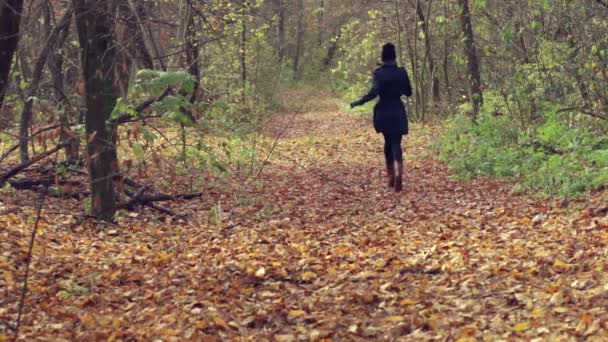Belle femme joue avec le chiot terrier taureau anglais dans le parc d'automne .